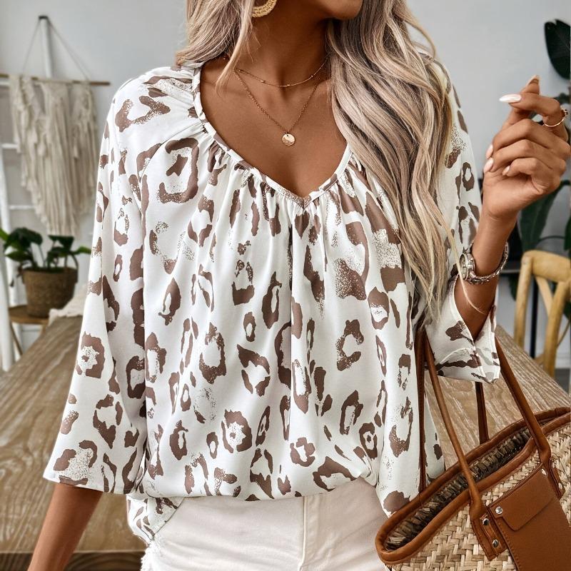 Khaki Leopard Print Deep V-neck Twill 3/4 Sleeve Shirt