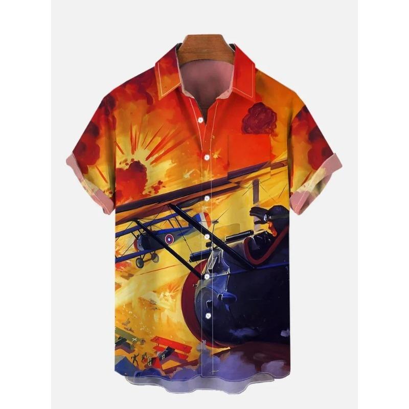 Hawaiian Colorful Sci-Fi Space War Elements Printing Breast Pocket Short Sleeve Shirt  Loose Versatile Casual Sports Summer Men
