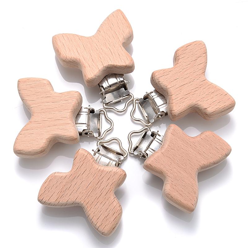5Pcs/Lot 9 Style Fish Rabbit Butterfly Shape Beech Wooden Clips Metal Bracket for Baby Pacifier Clips Chain Holder Accessories