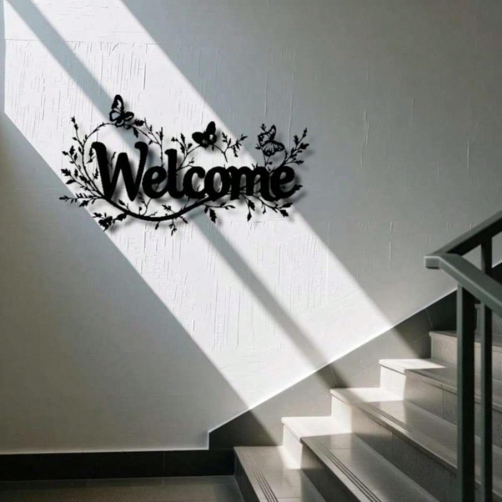 Modern Welcome Sign Metal Wall Art Elegant Cursive Iron with Leaves Openwork Design Black Horizontal Outdoor Durable Home Entrance Decoration Gift