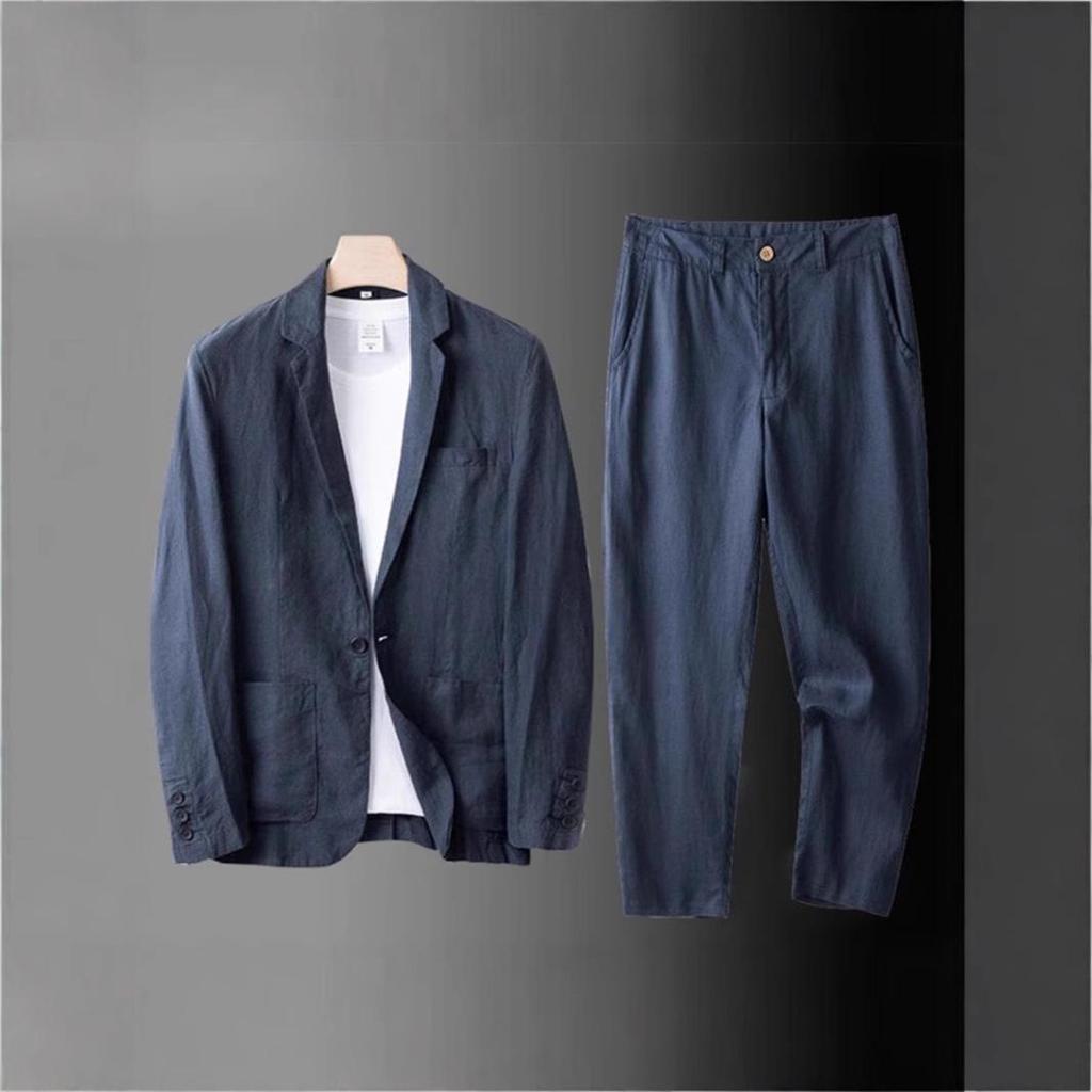 Pánsky svetlosivý ľanový oblek Sako s jednoradovým zapínaním a ladiace nohavice Ležérne business oblečenie