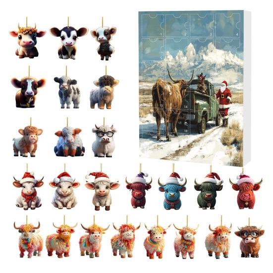 Yousheng Highland Cow Ornaments Advent Calendar 2025 24 Days Christmas Countdown Calendar with Cartoon Cows Ornament for Xmas Tree Decor