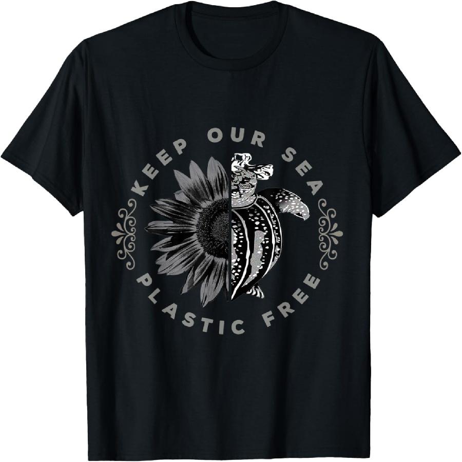 Keep Our Sea Plastic Free, Eco Sunflower and Plastic Turtle T-Shirt S