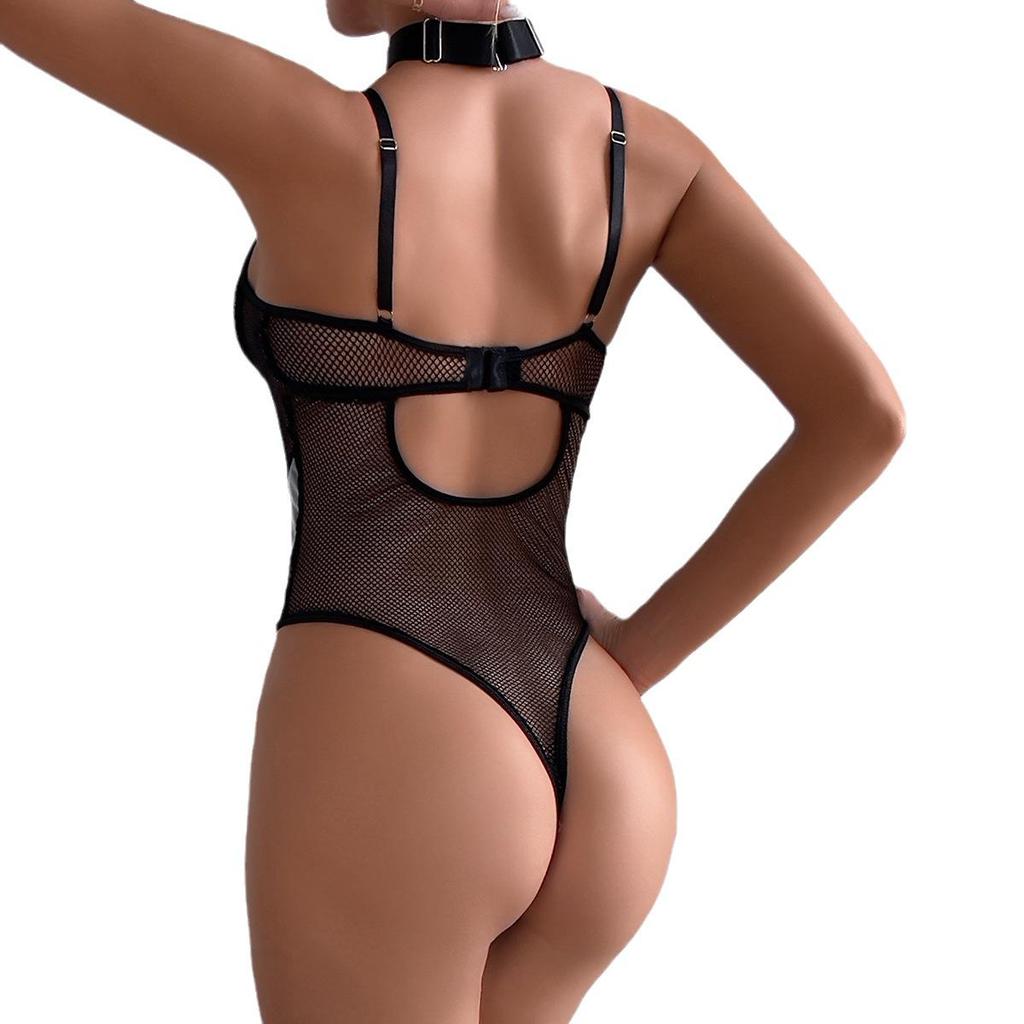 European & American Nightclub Hot Girl PU Leather Mesh Lace-up Backless Bodysuit