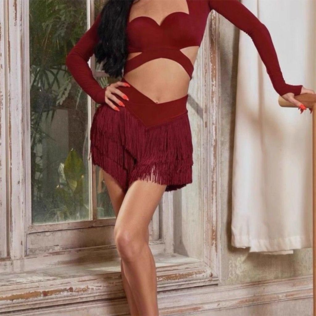 Gonna da Danza Latina da Donna per Adulti Tango Cha Cha Danza Latina Gonna Professionale da Pratica Sexy a Tre Strati con Frange Girovita a V Semigonna