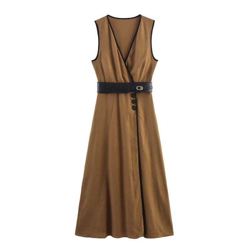 Kaslead New Women Clothes Western Style Fashion Simple Belt Midi Dress 8651379