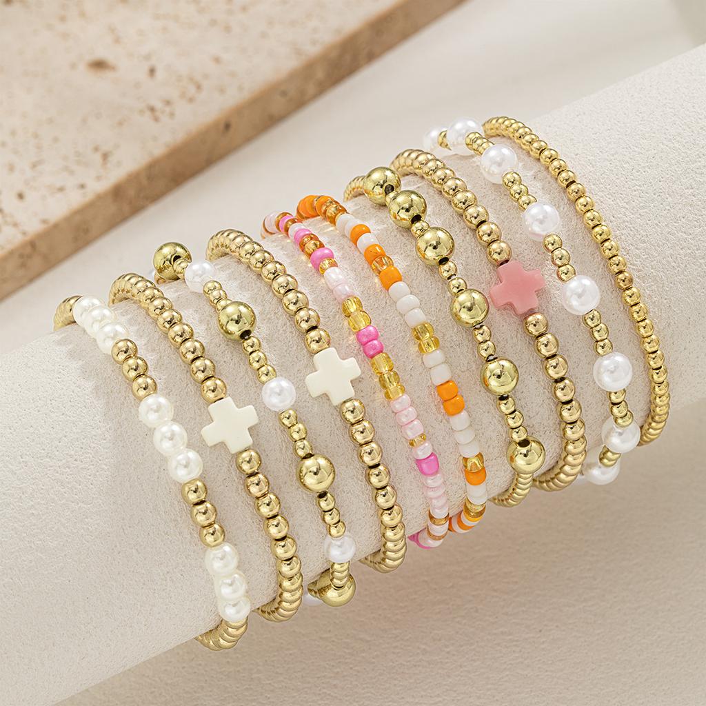 10 Bohemian style soft ceramic cross bead bracelet, multi-layer layered pink rice bead women's bracelet bracelet set