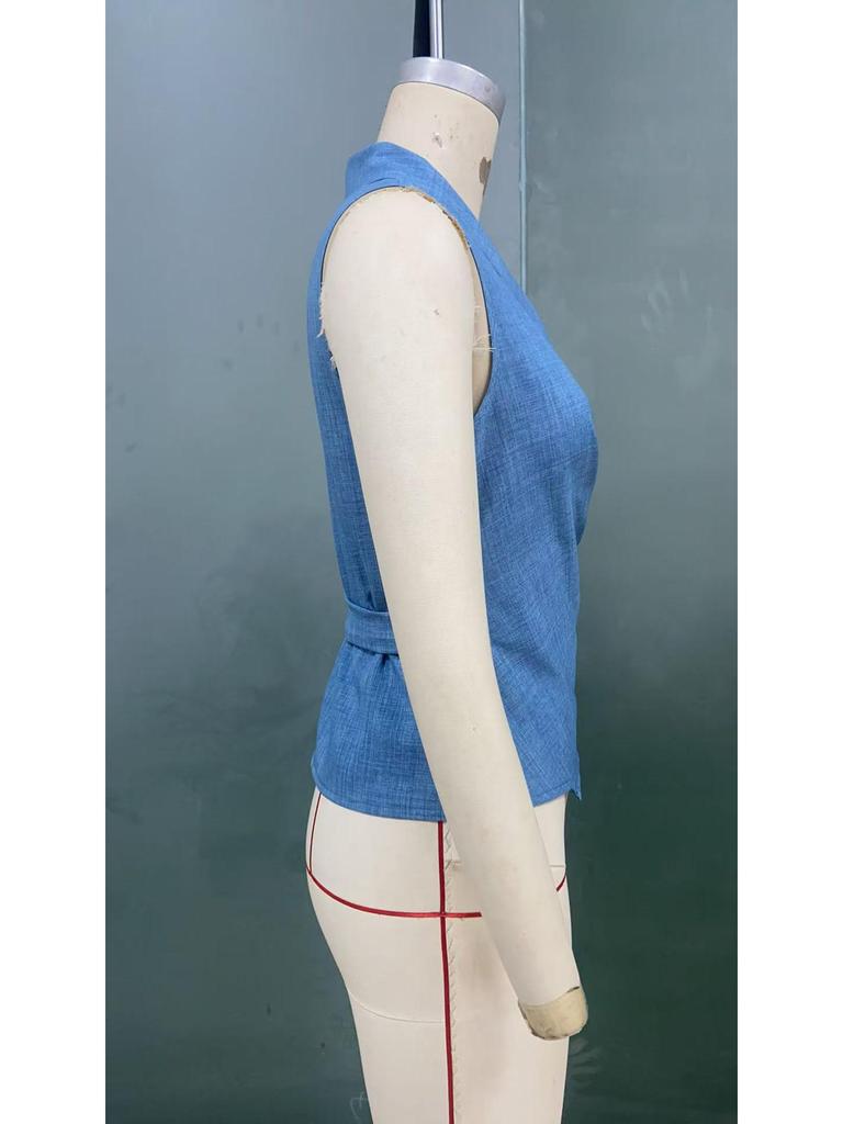 European-American Style Sleeveless Summer 2025 Slim Fit Tie-Up Cardigan Blouse for Women