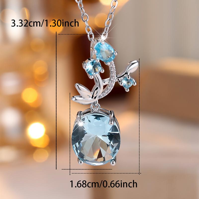 Fashion Oval Cut Sky Blue Zircon Pendant Necklace for Women Silver Color Chain Necklace Crystal Wedding Party Jewelry Gifts