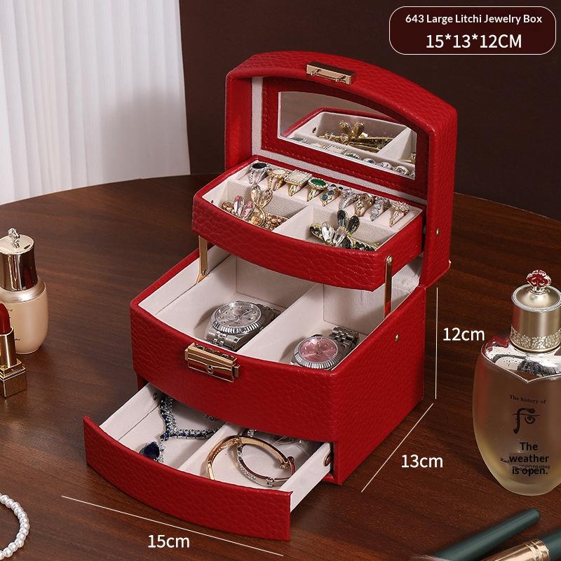 Minimalist High-end Jewelry Storage Box Pu Multi-layer Multi-function Large-capacity Jewelry Box with Mirror and Lock
