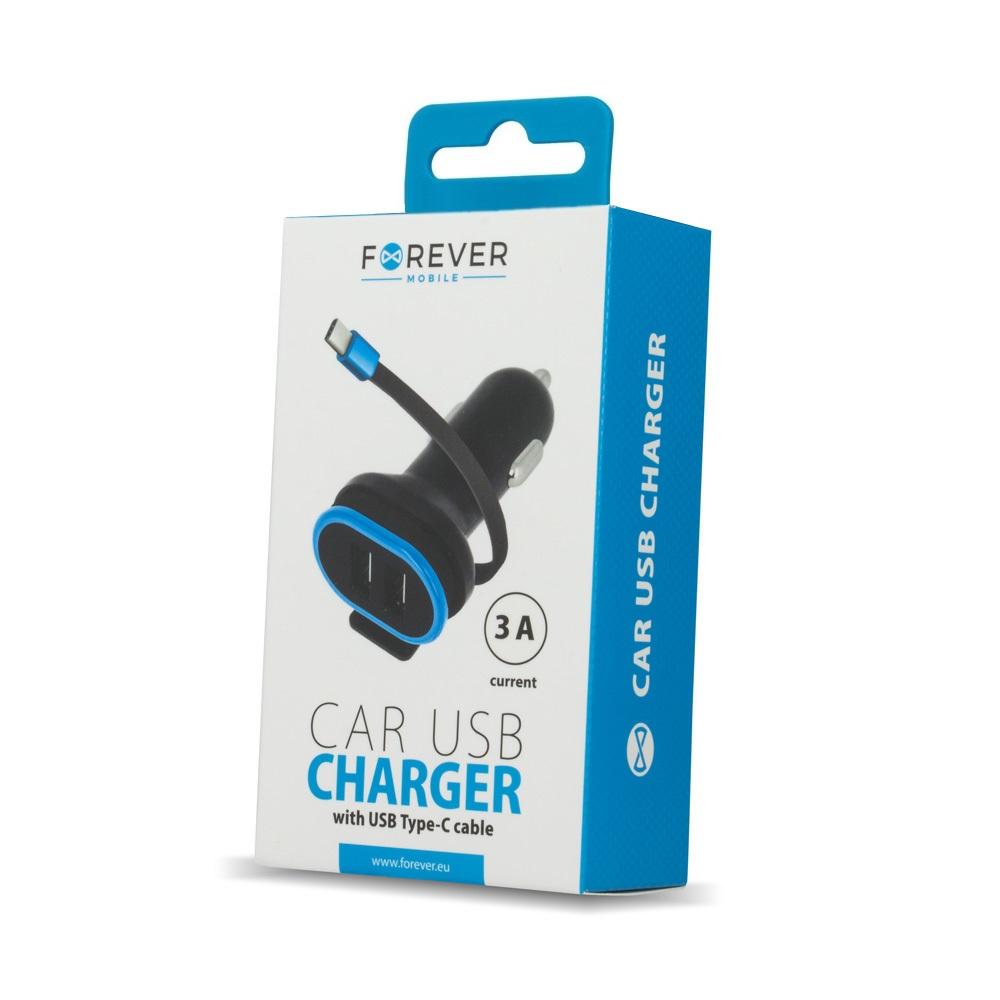 Forever Car Charger 2x USB 3A Black with 0.2m USB-C Cable