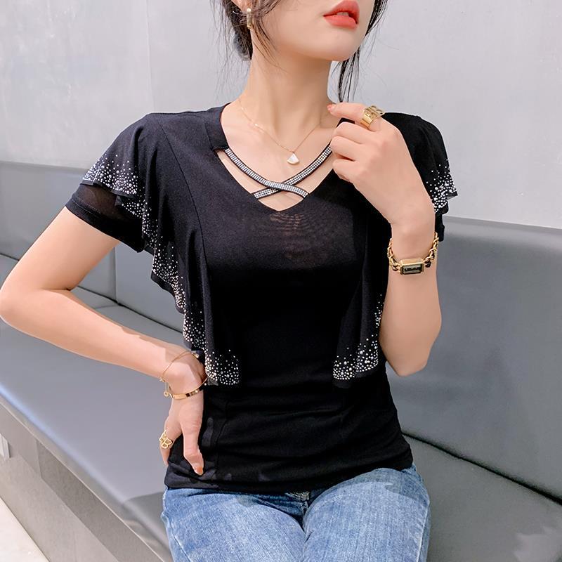 

Весна 2025 Мода Сетка Ажурный Волан Длинный Рукав Женский Топ Medium чёрный