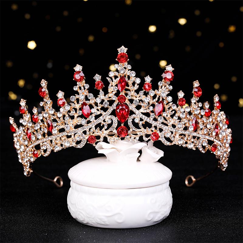 Luxury Gold Red Crystal Rhinestone Tiaras And Crowns Queen Princess Diadem Wedding Hair Accessories For Bride Women Hair Jewelry