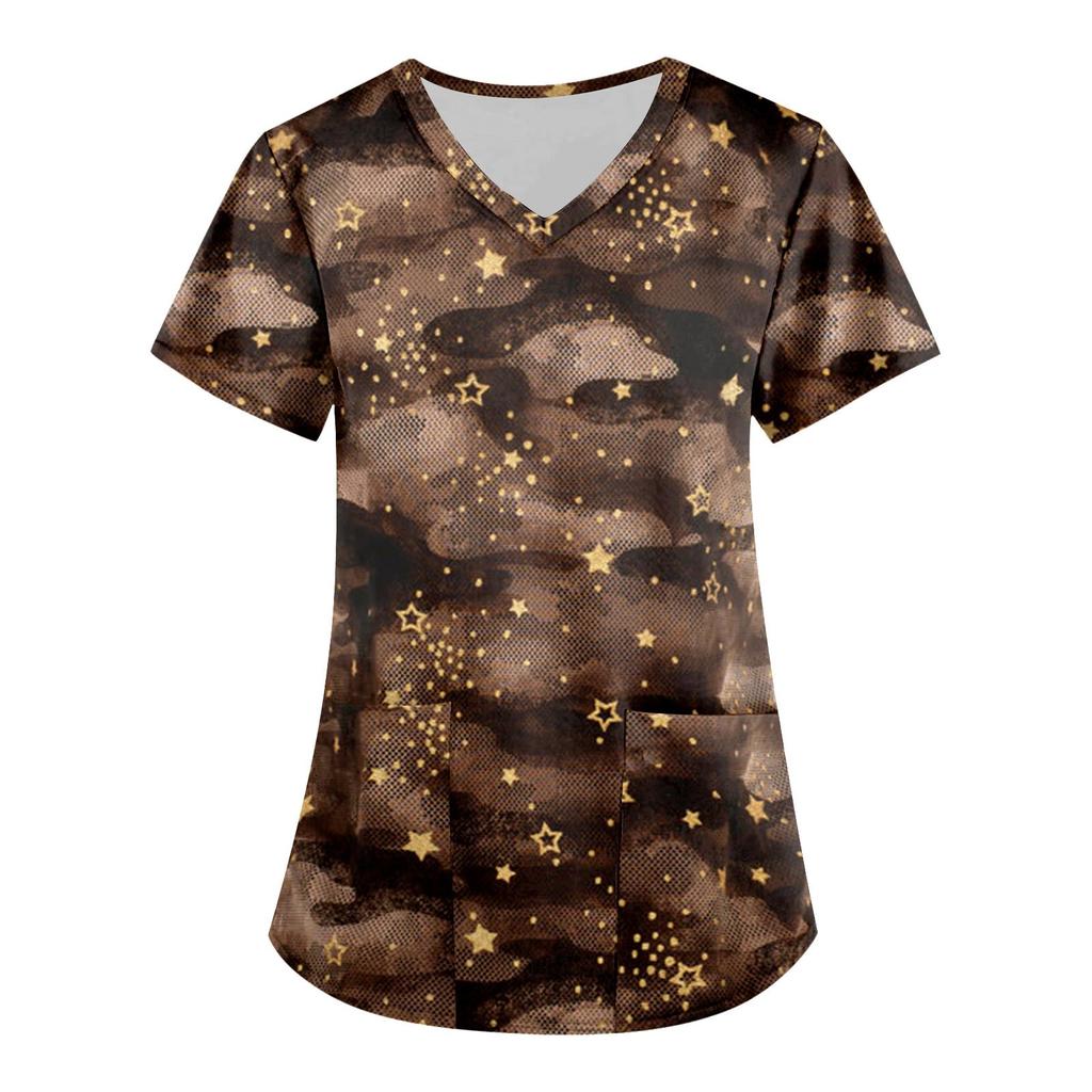 Women's Fashion V-neck Short Sleeve Workwear With Pockets Printed Tops
