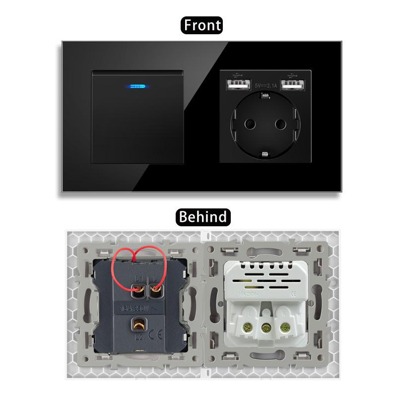 European Style Type 157 16A USB Wall Socket with LED Light, Glass Finish.