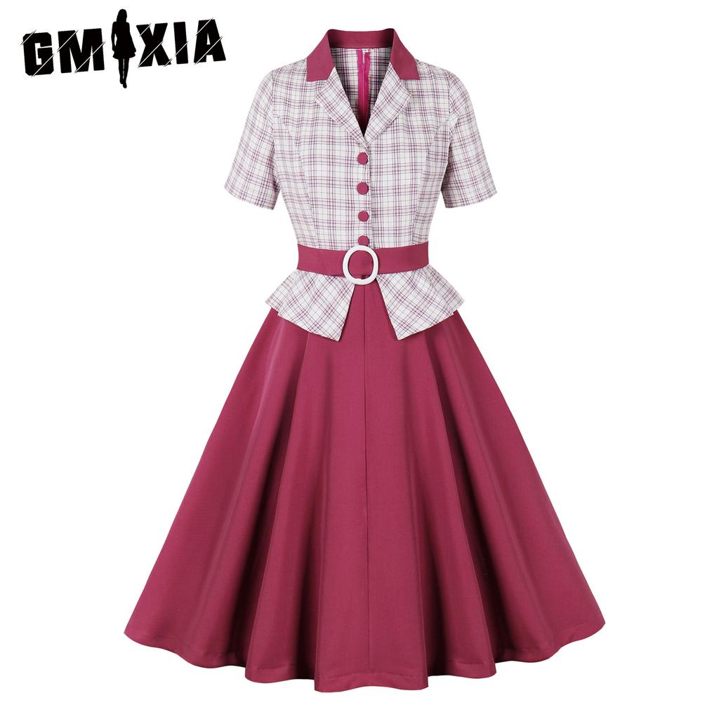 GMXIA Vintage Suit Collar Ruffled Belt Waist Waist Palace Plaid Patchwork Elegant Dress