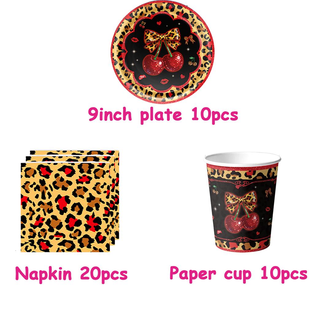 Pink Cherry Leopard Theme Birthday Party Decoration Plate Cup Balloon Banner Sexy Women Girls Shiny Photography Background Gifts