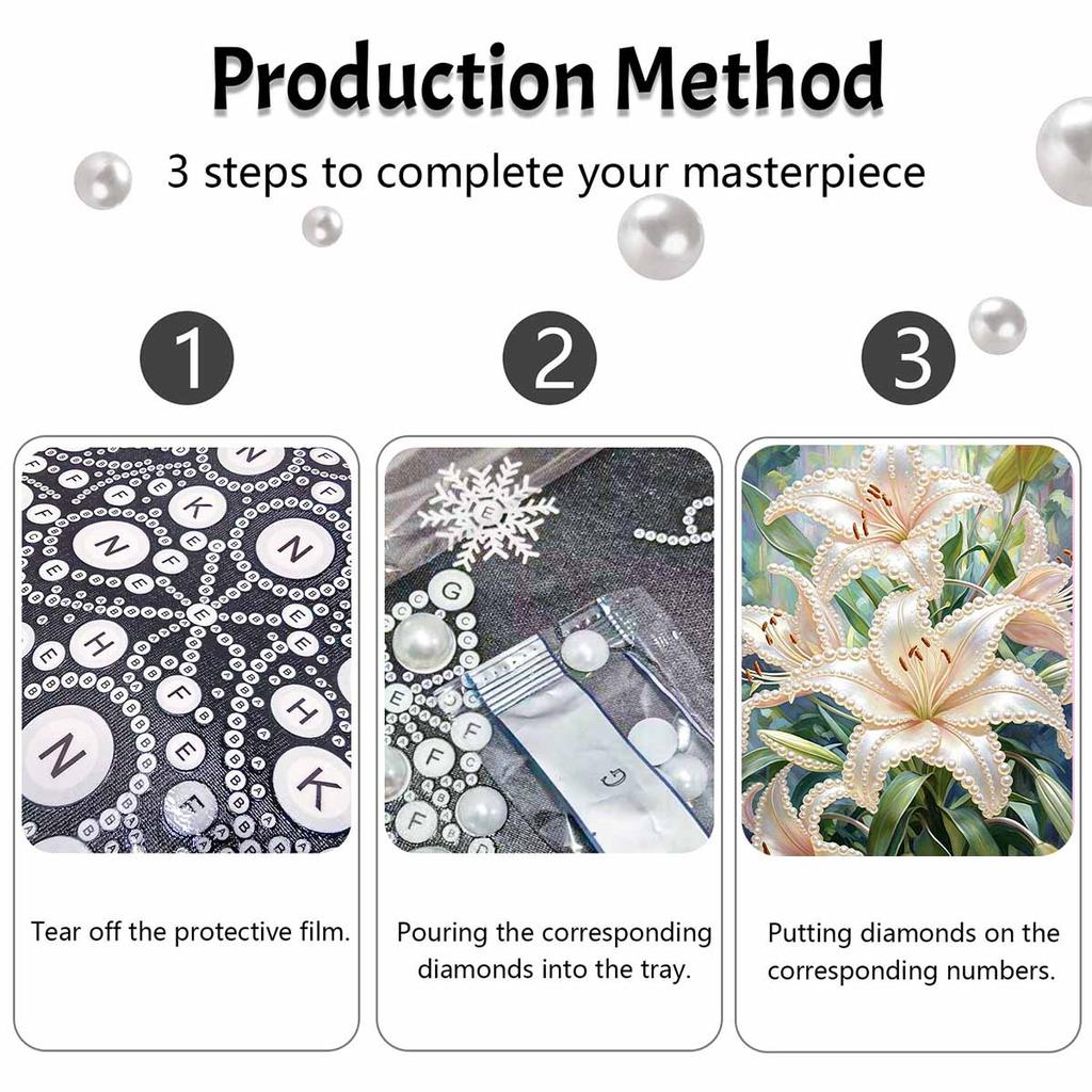 DIY Frameless Pearl Painting Kit Elegant White Lily Flowers 3D Shiny Bead Art Canvas Relaxing Craft for Adults Home Wall Decor Gift