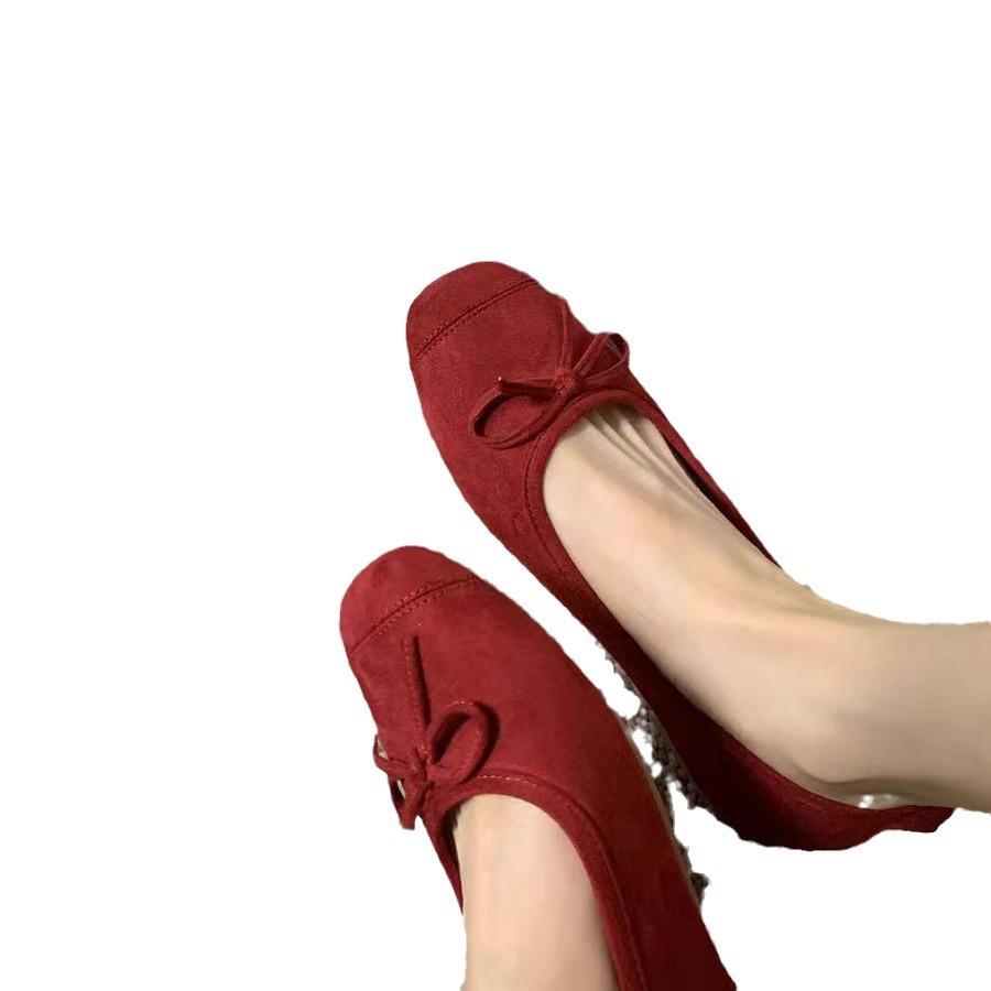 Sheepskin Version! Red Ballet Single Shoes Women's Bow Retro Evening Wind Flat Bottom Ladyshoes Square Head Shallow Mouth Grandma Shoes