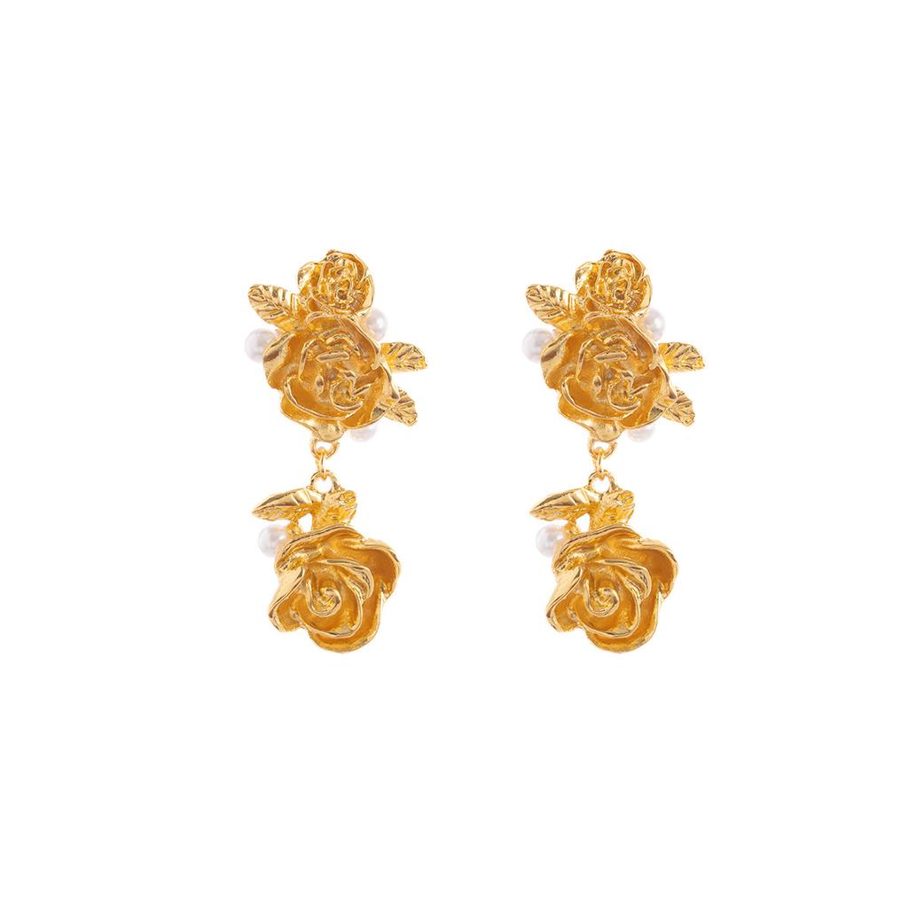 Exaggerated Ear Needles, Gold Flower Fringed Pearl Inlaid Ear Needles, Women'S Temperament Trendy Earrings