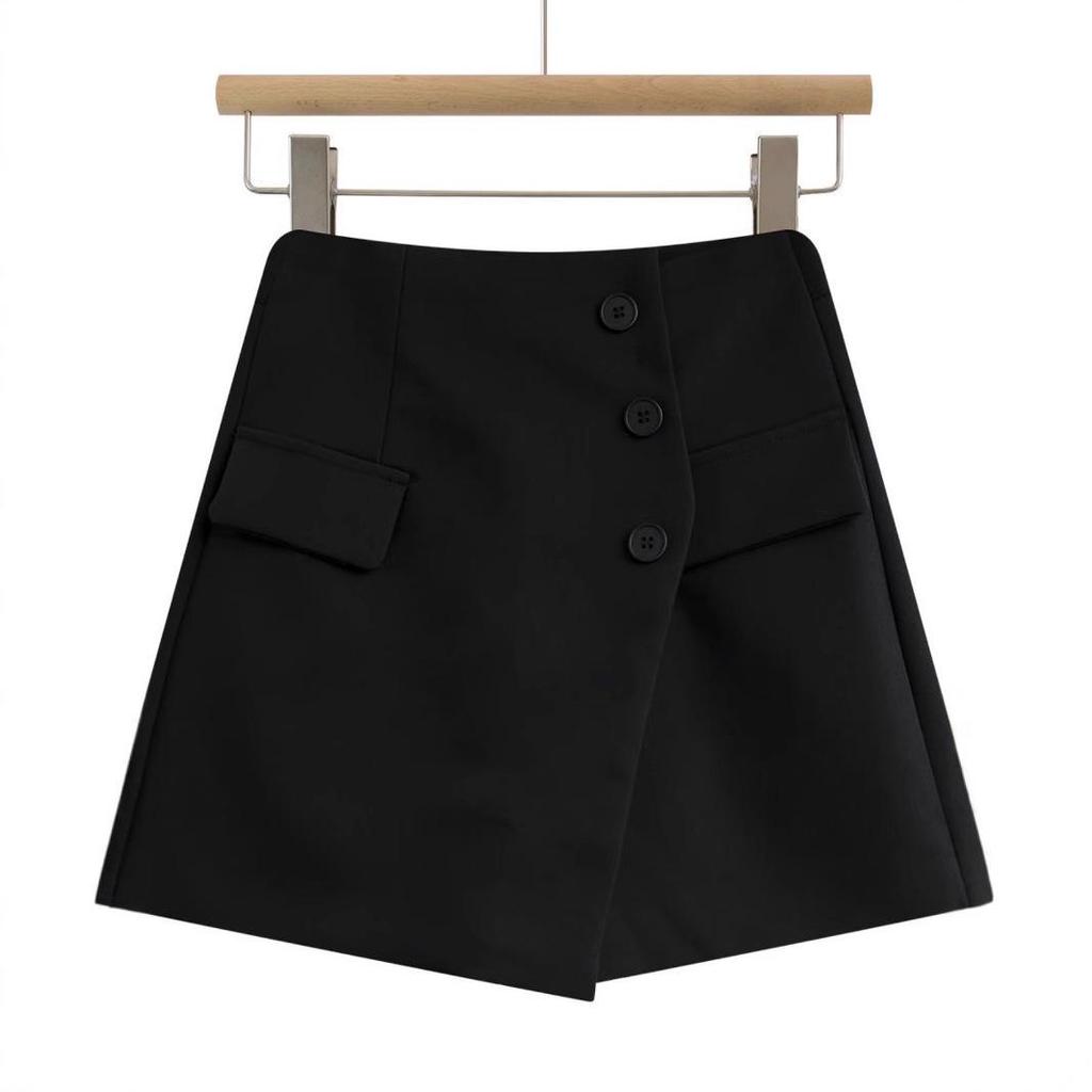2025 Irregular High-Waisted Slimming A-Line Shorts Skirt with Button Detail - Women's Wide-Leg Pants