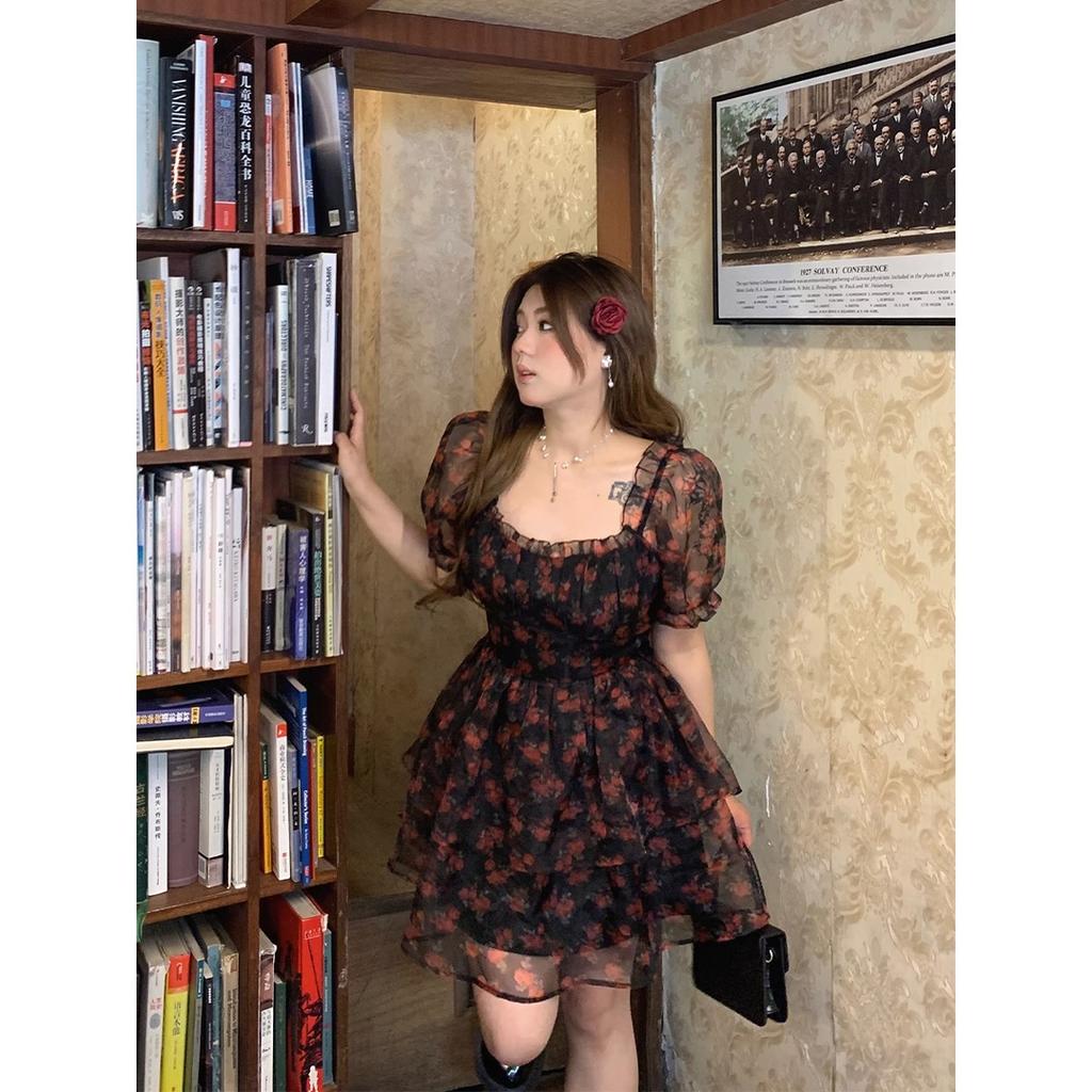 Plus Size Square Neck Short Sleeve Floral Dress for Women Summer Loose Bow Mesh Puff Sleeve Dresses