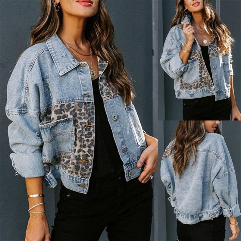 Autumn and Winter Denim Jacket Women's Long-sleeved Denim Jacket Jacket Leopard Print Patchwork