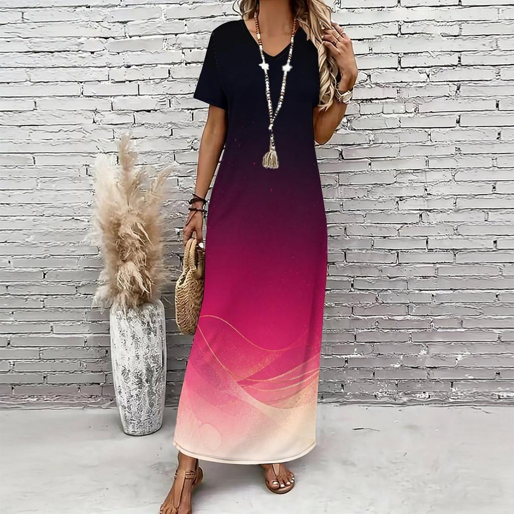 Women Plus Size V Neck Short Sleeve Colorful Swirl Printed Long Maxi Dress