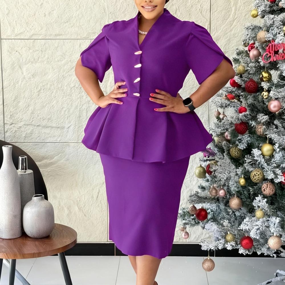 Women's Slim Fit Two-piece Suit Short Sleeve Peplum Top High Waist Pencil Skirt Elegant Office Matching Set Solid Polyester Spandex Co-ord Set