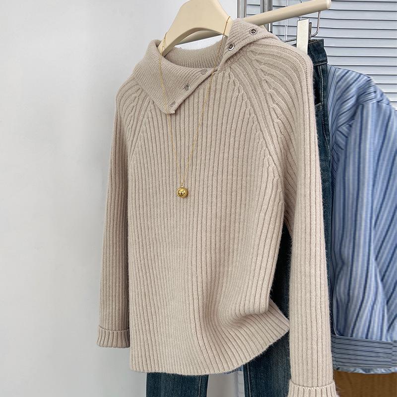 

Knitted Base Shirt for Women In Autumn and Winter New Casual Slim and Versatile Lapel Sweater for Women Solid Color Top One size бежевий