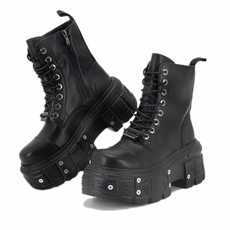 Fashion Punk Style Women Boots Lace-up Heel Height Platform Shoes Woman Gothic Ankle Rock Boots Metal Decor Woman Sneakers 2025