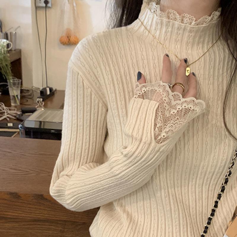 Women's Lace Trim Base Layer Autumn Spring Turtleneck Slim Fit Elegant Sweater Apricot Long Sleeve Knitted Top