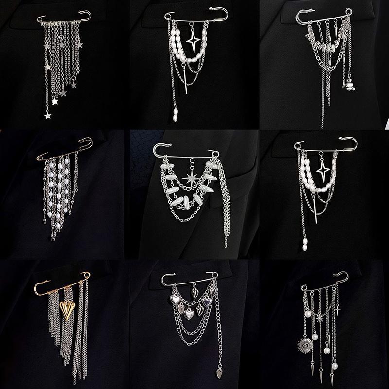 Hypoallergenic Punk Chain Tassel Safety Pin Brooches With Pearl Star Heart Charms For Blazer Suit Jacket Party Daily Wear
