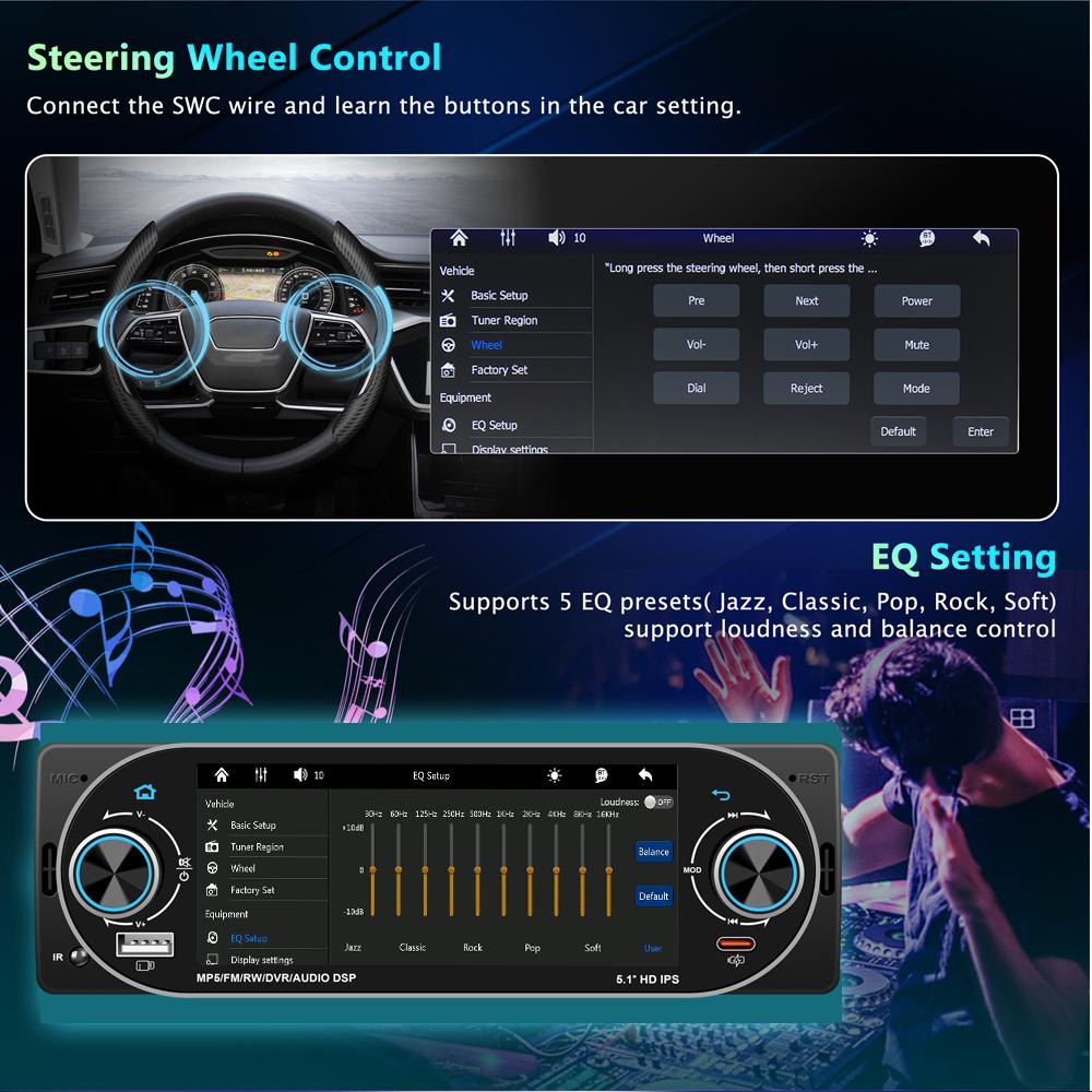 General 1 Din Car Radio MP5 IPS HD Player Support Wireless Carplay Android Auto Bluetooth FM AM RDS Stereo USB WIFI Video Player 5.1In Digital Display