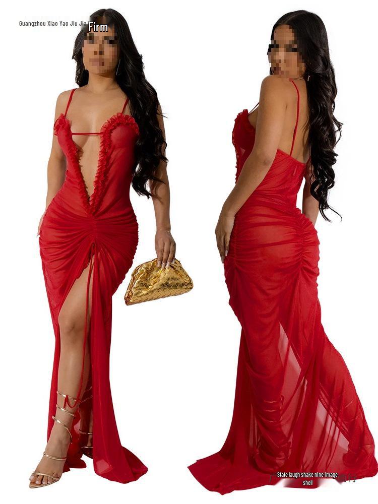 Sexy durchsichtiges Netzkleid mit hohem Schlitz für Damen