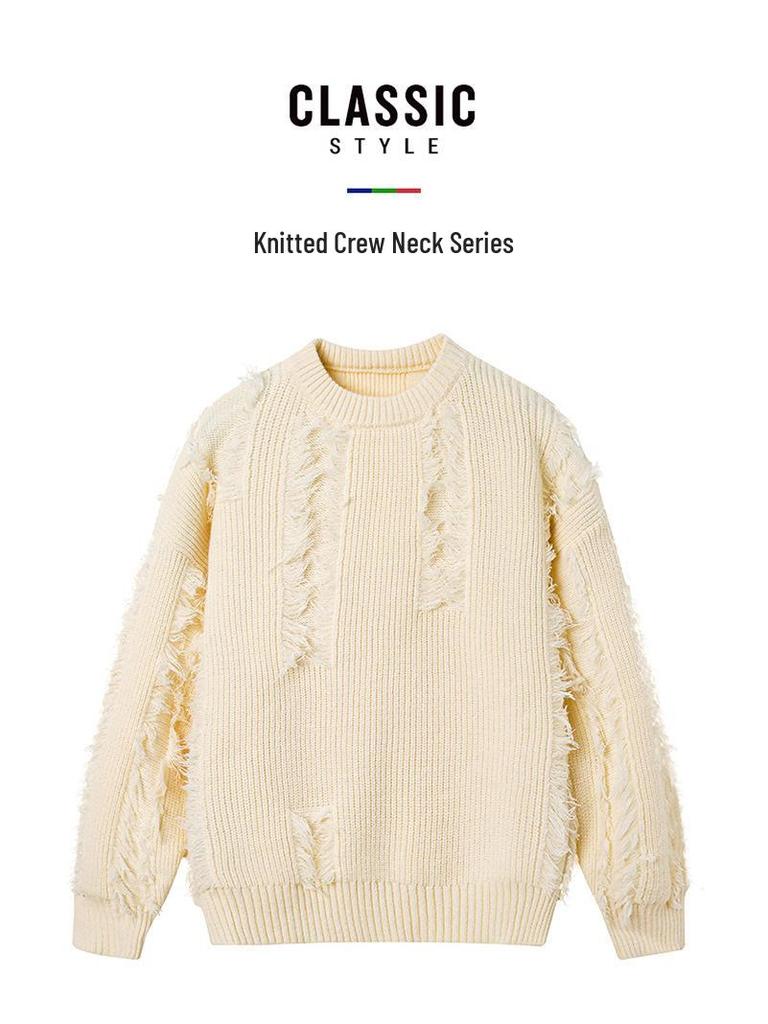 Unisex Fringe Textured Sweater, Loose Round Neck Knitwear - Japanese Lazy Style, Perfect for Autumn/Winter