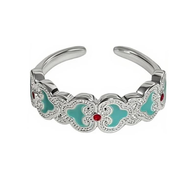 Guochao Sweet Sister Style Colored Enamel Butterfly Flower Ruyi Pattern Hollow Engraved Open Ring Female