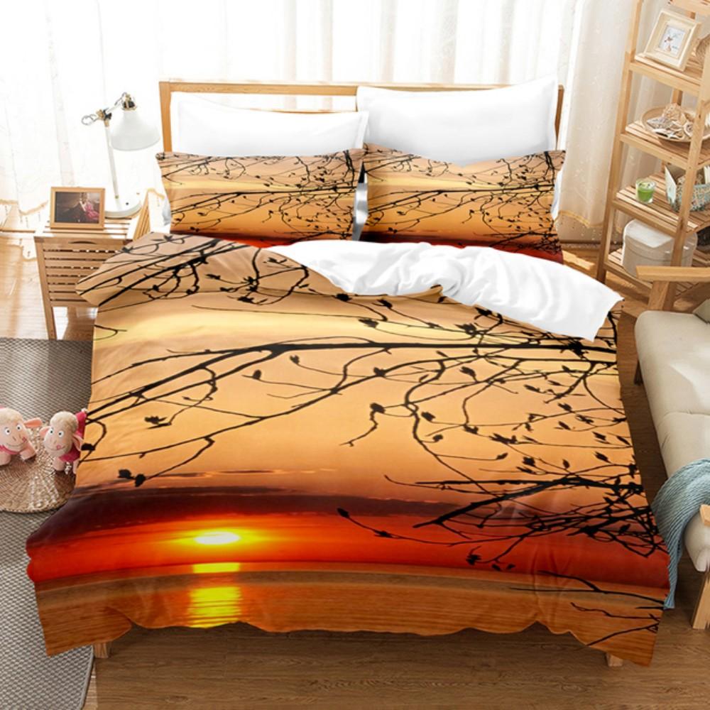 Zonsondergang Zeezicht Palmboom Beddengoed Set Ademend En Zacht Machine Wasbaar 100% Polyester Dekbedovertrek Set Voor Huisdecoratie