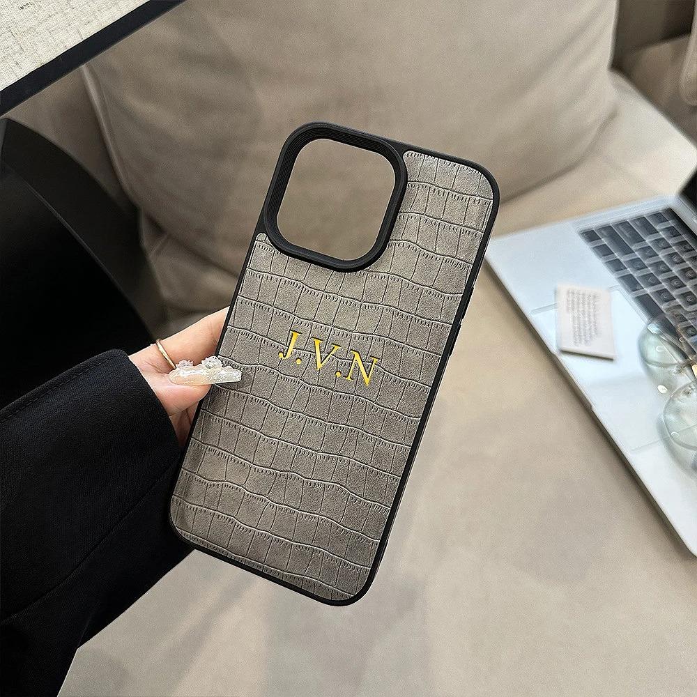 

Personalized Case For iPhone 16 15 14 13 12 11 Pro Max Initials Name Letters Soft Crocodile Leather Cover 16 Pro Max For iPhone 12