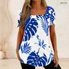 Women Plus Size U Neck Short Sleeve Tropical Leaf Printed White Curved Hem T Shirt