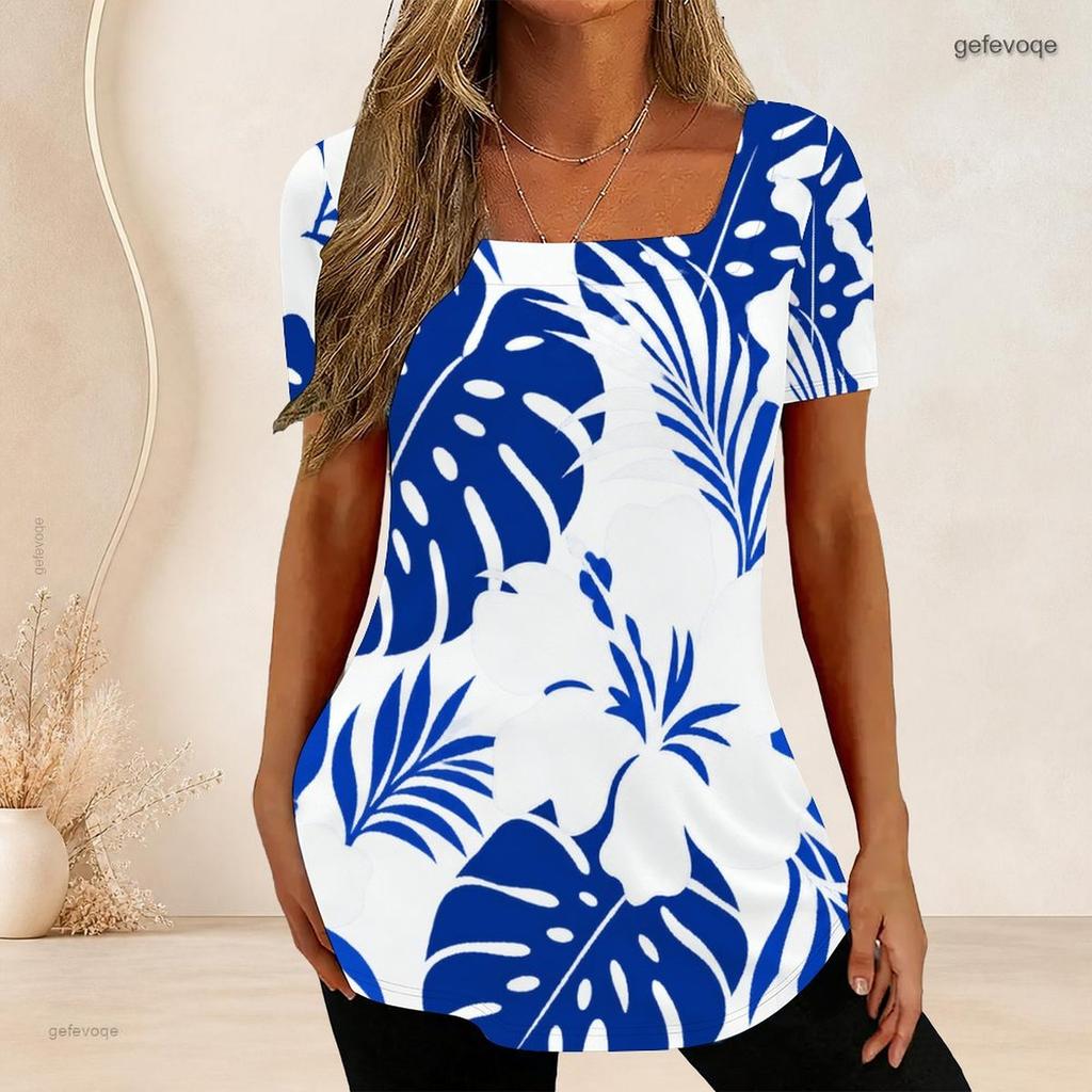 Women Plus Size U Neck Short Sleeve Tropical Leaf Printed White Curved Hem T Shirt