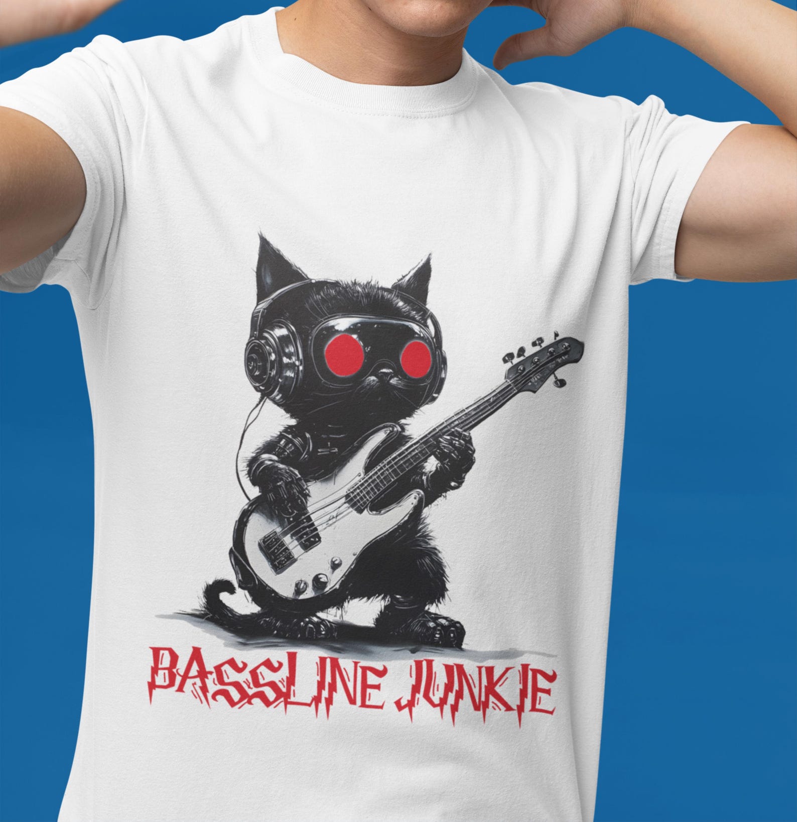Cyborg Cat Bass Guitar T-Shirt: Street Art Style, Music Lover Tee S