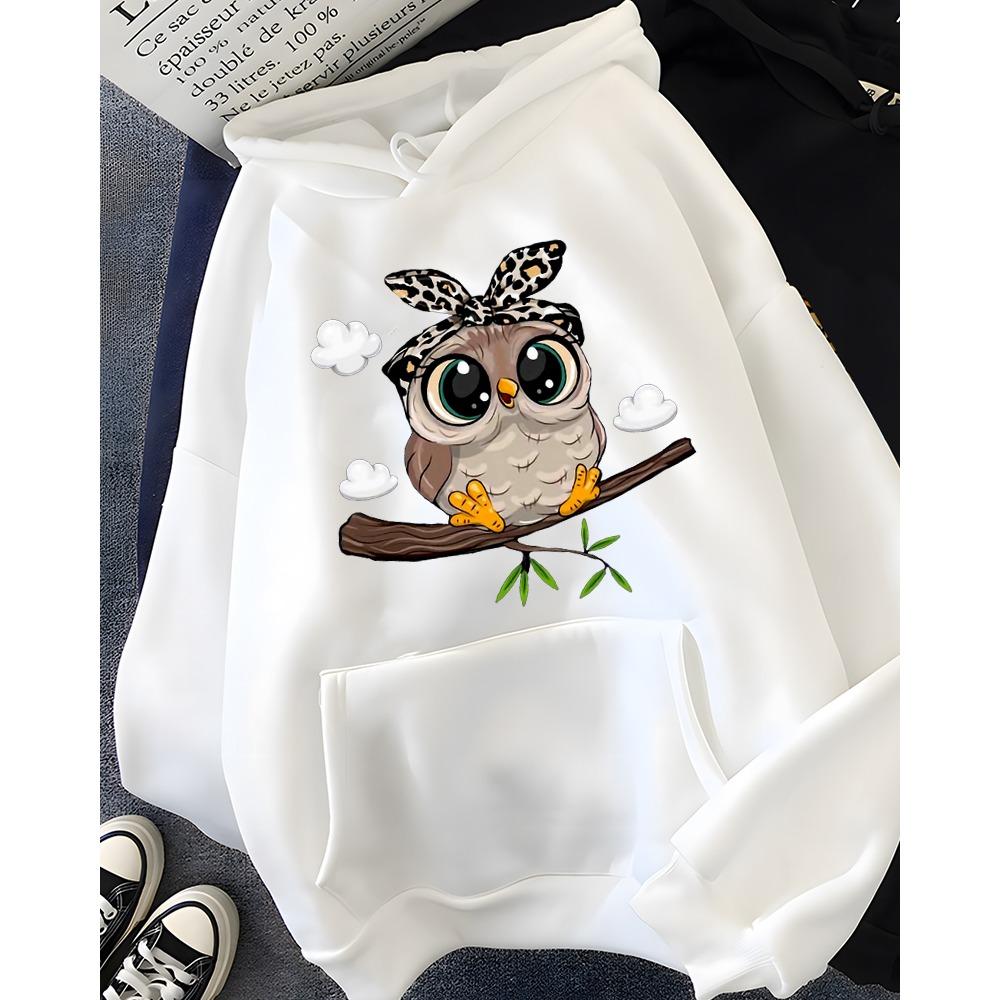 

Мультяшная сова Каваий принт Толстовки Женская спортивная одежда Женская толстовка Милый графический флис Женская одежда Женская одежда M