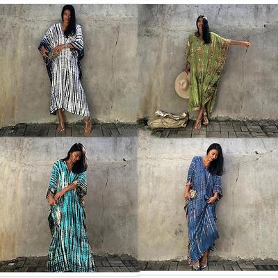 European & American Tie-Dye Striped Cotton Beach Cover-Up: Loose Long Robe Style, Vacation Dress, Bikini Cover-Up, 30 Color Options.