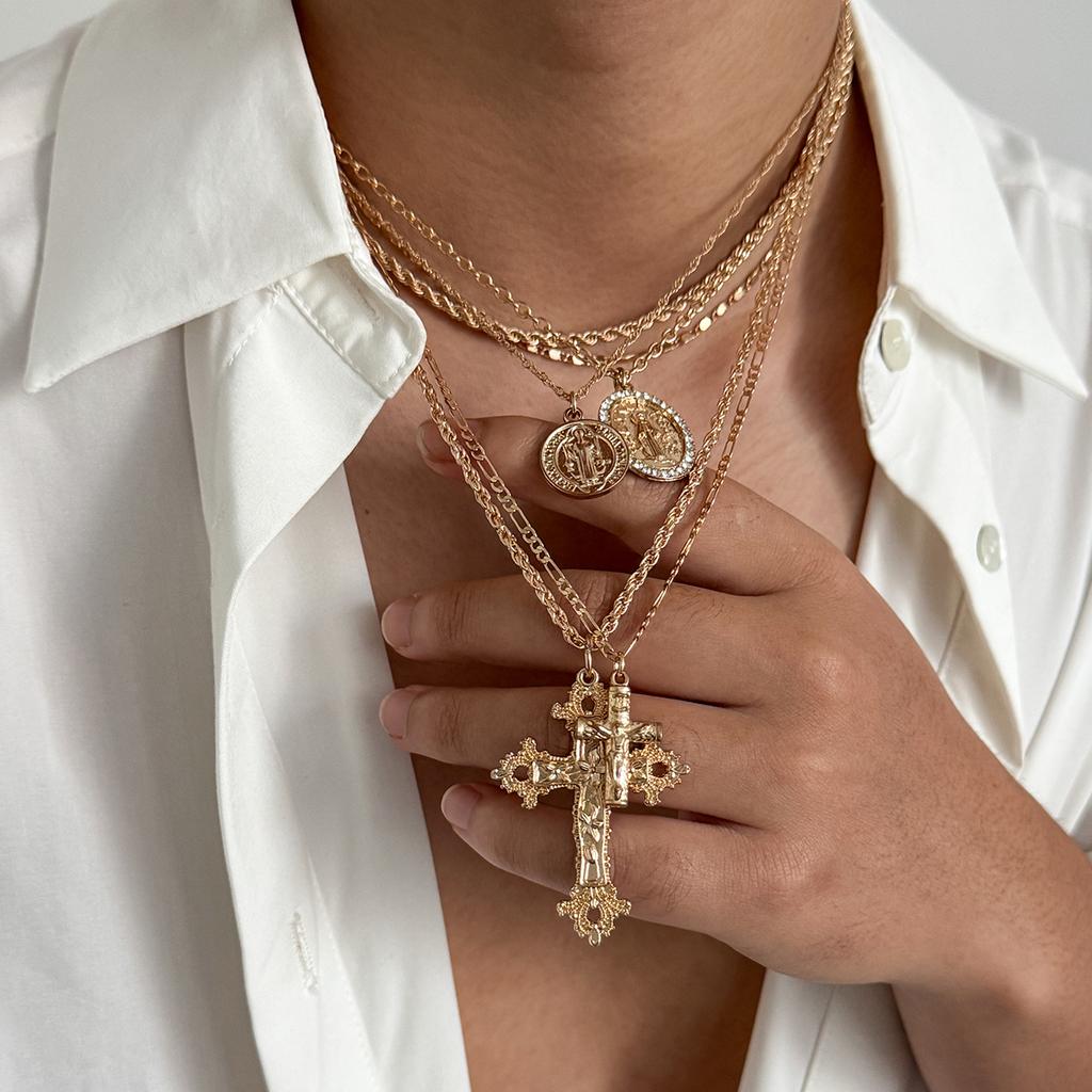 SHIXIN 6 Pcs/Set Hip Hop Jesus Cross Pendant Necklace for Men Punk Gothic Multilayer Stackable Choker Collar Chain Male Jewelry