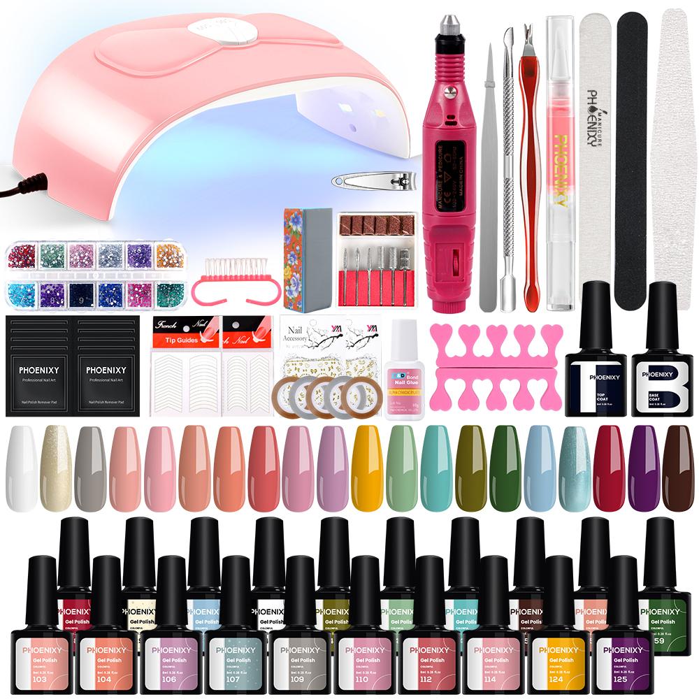 

PHOENIXY Гель Лаки для ногтей Набор с 54W UV светодиодная лампа для ногтей 20Colours 8 мл Гель-лак Стартовый набор с гвоздевой дрелью Машина Набор инструментов для ногтей для использования DIY