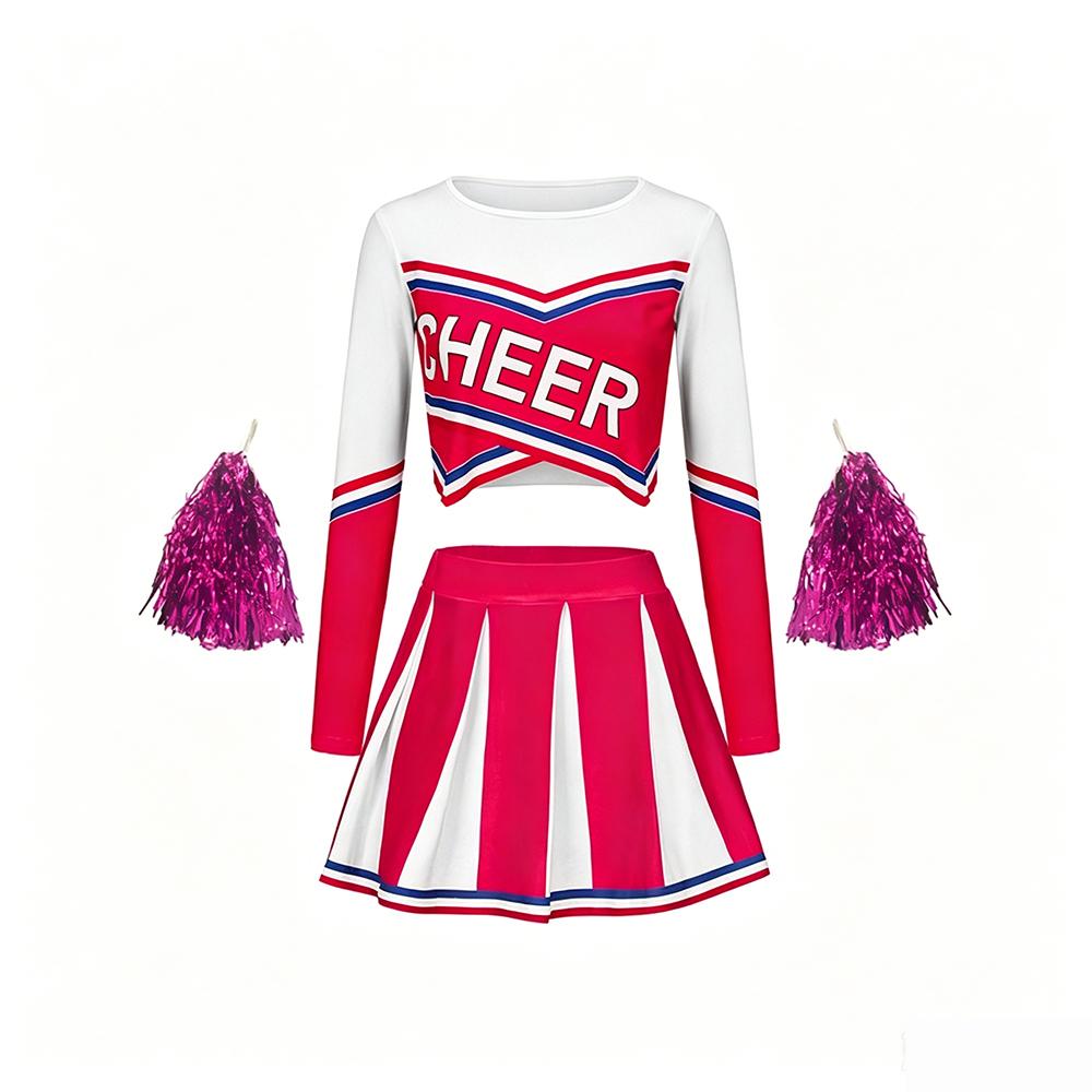 Zombie Cheerleading Uniform Women's Long-sleeve Cheerleader Performance Top Short Skirt Pom-pom Halloween School Student Costume