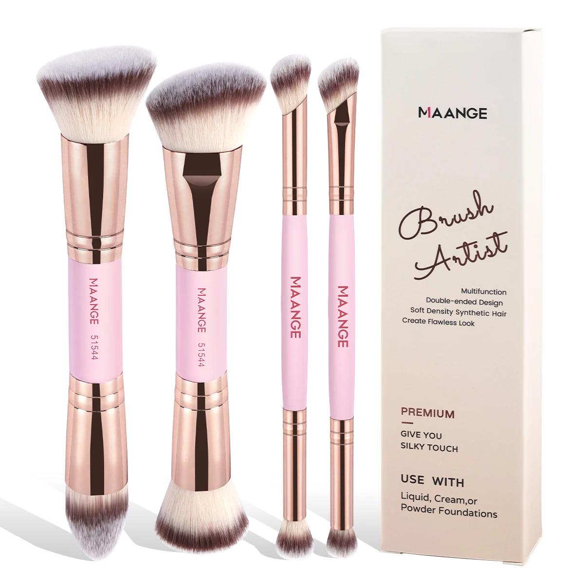 

MAANGE 4pcs Basic Makeup Brushes Set With Box Dual-ended Foundations Powder Blush Details for Eyeshadow Brushes Beginner Travel розовый