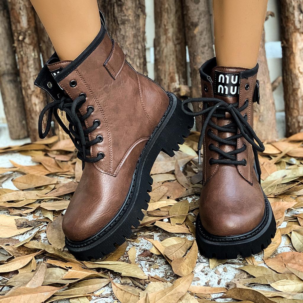 fashion Women's Fashion Combat Boots Black Lace Up Platform Ankle Boots Women Autumn Winter Buckle Non Slip PU Leather Botas Mujer 2024