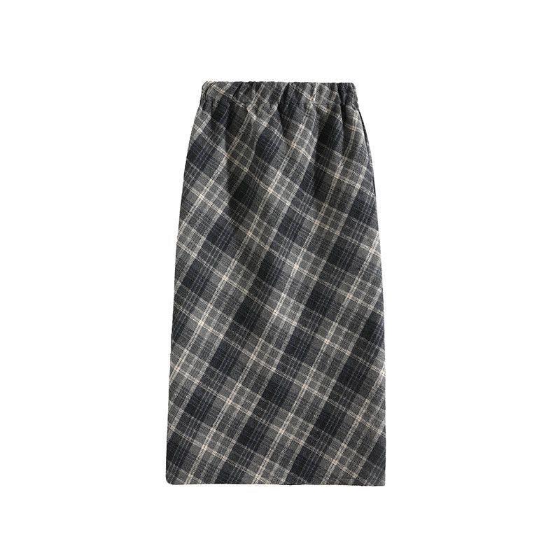 

Retro Plaid Wool Midi Skirt: 2025 Spring/Summer A-line High Waist with Slit Default Item